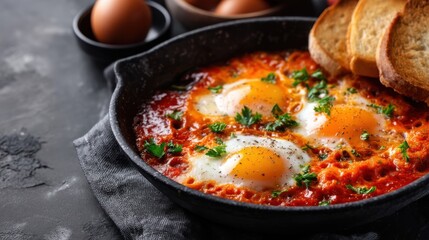 A dish featuring three eggs cooked in tomato sauce on a dark surface. Slices of bread are on the side along with bowls of whole eggs. This meal is ready to eat and enjoy.