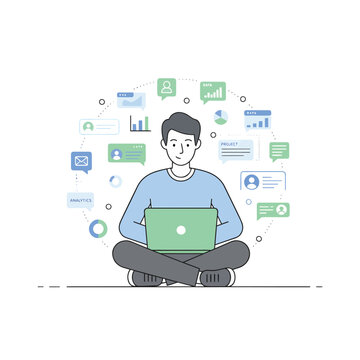 Freelancer Working Remotely With Digital Technology Icons