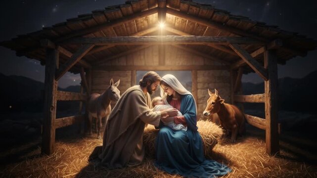 Traditional nativity scene depicting birth of jesus christ with mary joseph and baby in rustic stable manger with warm glowing light
