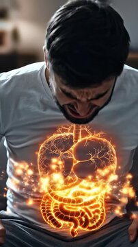 Man chest strain: torso clutch, stomach ache, intestine tension, cardiac throb, emotion hurt, body signal, organ distress, muscle spasm, pulse shift, nerve flare, inner warning, pain concept,