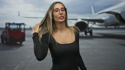 Woman touching hair with exposed chest at airport apron near parked jet and service vehicle, eyes closed; confidence.