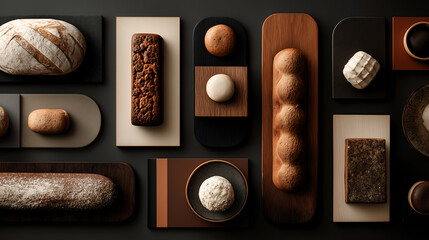 Assortment of artisan breads and baked goods meticulously arranged across dark wood and contrasting presentation boards creating a sophisticated culinary still life composition