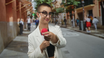 Woman reporter with short hair wearing glasses and white blazer holding red microphone points it...