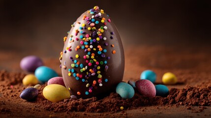 A large chocolate egg covered in colorful sprinkles sits surrounded by small pastel candies on a soft bed of cocoa powder. The scene is festive and bright fitting for Easter events.