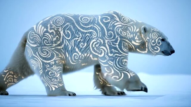 Polar bear adorned with intricate patterns in icy landscape