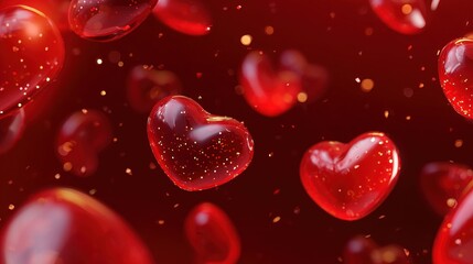 Obraz premium Floating 3D red glass hearts with golden glitter on red background.