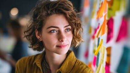 A young woman stands in a bright workspace surrounded by various sticky notes. She has curly hair and seems to be deep in thought. People are working in the background during a group session.