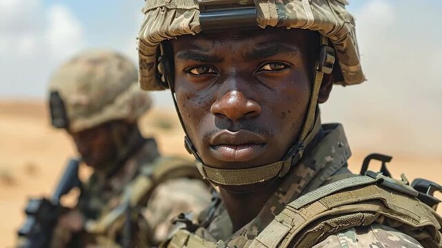 African Soldier in Desert Combat Gear, Intense Gaze, Military Training Exercise.