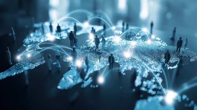 A digital world map shows people standing on various locations. Lines connect different points suggesting communication and interaction across the globe.