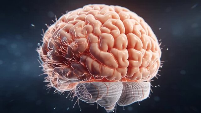 Realistic 3D Medical Illustration of the Human Brain Rotating, Showcasing Detailed Anatomy, Neural Structures, and Scientific Accuracy for Neuroscience Education, Research, and Medical Visualization