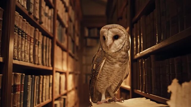 Barn owl perched stacked book ancient library aisle with vintage warm lamplight, cozy mysterious