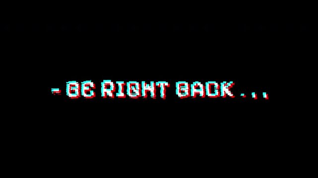 Be right back glitch pixel retro overlay streaming ideal for live broadcasts, gaming, or content creation during short breaks.