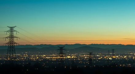Cityscape at Sunset with Power Lines