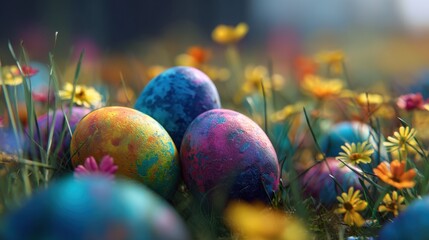 Brightly colored eggs are placed among vibrant flowers and green grass in a field. This scene captures the joy of an Easter celebration in spring.