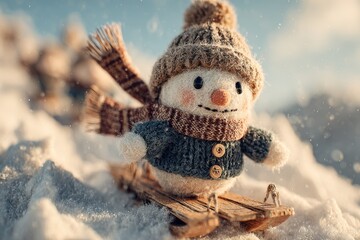 Cute Snowman Sledding Through Soft Winter Snow

