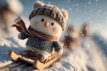 Playful Snowman on Wooden Sled in Winter Sunshine