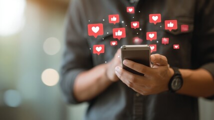A person uses a smartphone to interact with social media while notifications of likes and hearts appear on the screen. This takes place indoors showing a focus on digital connection.