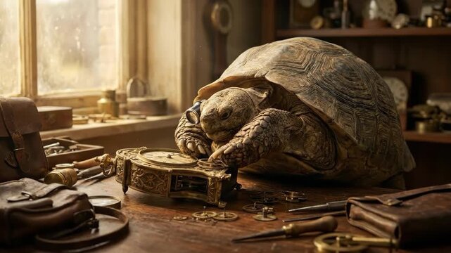 Antique tortoise clockmaker repairing watch and clockwork sunlit rustic workshop with vintage tools