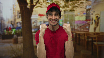 Young delivery man in red cap clenches fists on restaurant terrace with broad smile and animated pose; victory celebration.