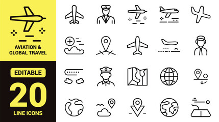 Aviation and Global Travel Line Icon Set with Airplane, Pilot, World Globe, Map, GPS Pin, Flight Route, and Airport Navigation Vector Symbols © Icon Corner