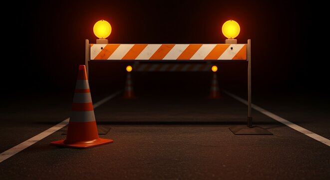 Road Barrier and Cones at Night