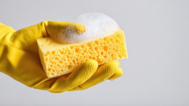 A hand in a yellow glove holding a soapy yellow sponge with suds, on a light grey background.