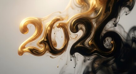 A macro shot of swirling liquid gold and ink. The swirls naturally form the curves of "2026." 4K resolution, ethereal and artistic.
