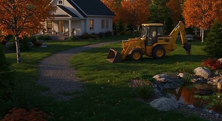 yellow backhoe loader parked on grass in front of house with autumn trees and pond