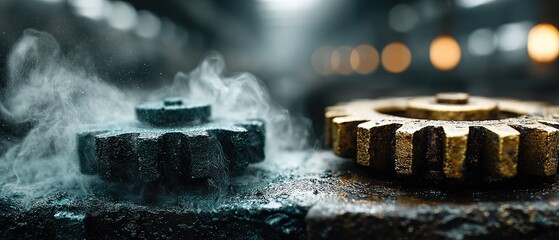 Industrial Gears in Smoky Workshop: Symbolizing Teamwork and Innovation in Manufacturing