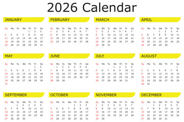 Monthly calendar layout for 2026 year. Diary planner for 2026 year. Week Starts on Sunday. Printable 2026 monthly calendar. Minimalist style monthly calendar template for 2026 year English calendar 
