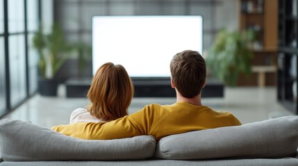 A man and woman sit on a gray sofa watching a large screen in a bright living room. They are enjoying their time together in the evening with relaxed body language.