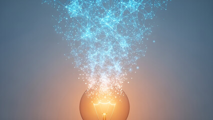 Digital connectivity network emerging from a glowing light bulb idea concept.