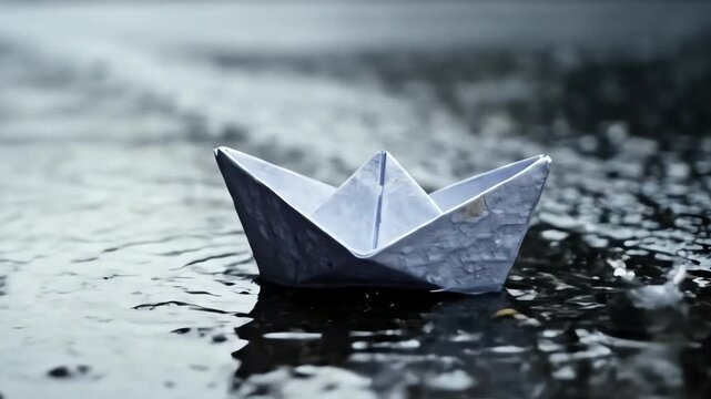 A delicate Paper Boat Floating gently through a Rainy Gutter, symbolizing resilience and hope in an uncertain journey concept