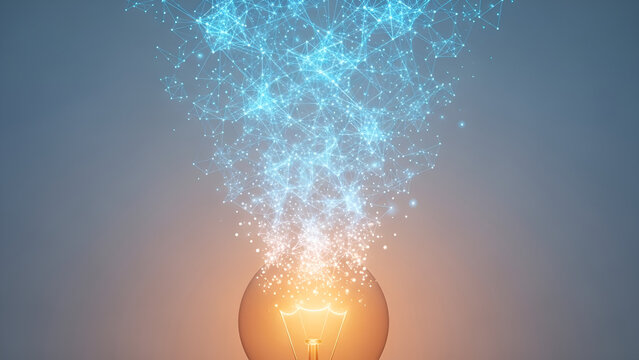Digital connectivity network emerging from a glowing light bulb idea concept. - Powered by Adobe
