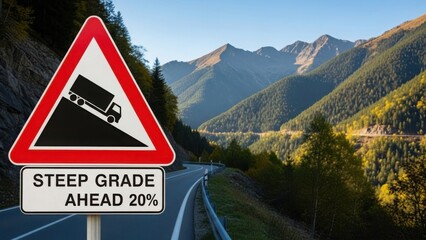 Steep grade ahead warning road sign on a mountain pass. Truck downhill danger symbol on a winding road in an autumn landscape. Transportation safety concept