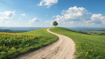A serene dirt road winds through a vibrant green landscape with a solitary tree under a blue sky with fluffy clouds.