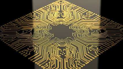 Abstract 3D render of symmetrical golden electronic circuit pathways.
