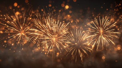 Multiple golden fireworks exploding across the night sky with bokeh effect