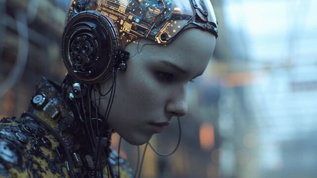 Close-Up of a Cybernetic Human Portrait, Blending Futuristic Technology and Human Emotion with Sci-Fi Aesthetics, Advanced Augmentation Details and Dramatic Lighting in a Vision of Pseudo Human