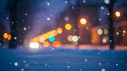 Fototapeta premium Snowfall on City Street at Night with Blurred Traffic Lights