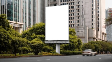 Obraz premium A large blank billboard is located next to a busy road. It is surrounded by green trees and tall buildings. Cars pass by on the road during daylight with clear skies.