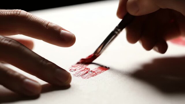 Close-up of an artist painting a vibrant red stroke on canvas, illustrating creative expression and artistic passion concept.