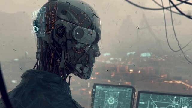 Close-Up of a Cybernetic Human Portrait, Blending Futuristic Technology and Human Emotion with Sci-Fi Aesthetics, Advanced Augmentation Details and Dramatic Lighting in a Vision of Pseudo Human