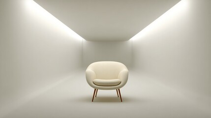 Minimalist Beige Chair in Modern White Room with Soft Lighting and Clean Aesthetic