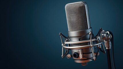 The microphone stands on a stand in a studio setting with soft lighting. A recording session is taking place focusing on sound quality and clarity.