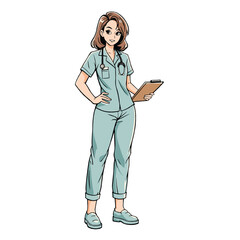 Confident Female Doctor or Nurse Character Holding Clipboard