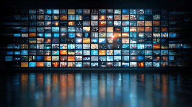 Multiple screens line the wall in a dark room each displaying different images. The floor reflects the light from the screens creating a colorful visual effect.