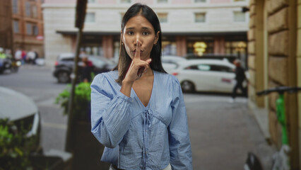 Fototapeta premium Thai woman places finger to lips in a shushing gesture on a city street by parked cars and buildings; quiet secrecy.