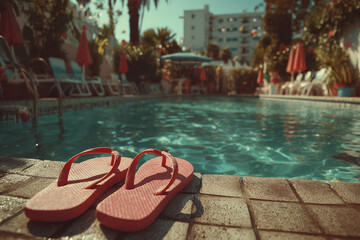 Vibrant Poolside Retreat with Red Sandals and Tropical Ambiance