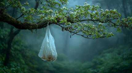 Plastic bag tangled in tree branch, environmental litter problem, ecosystem hazard, outdoor natural landscape, pollution effect, sustainability awareness, forest or park environment, wildlife threat